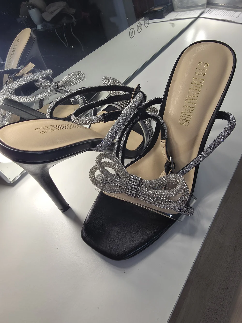 Dream Pairs Black Satin Heels with Silver Crystal Bow Straps